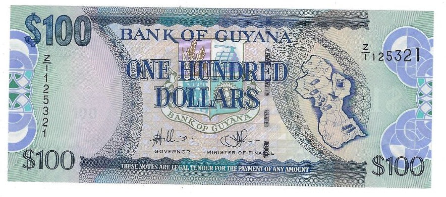 Guyana 100 Dollars, ND (2009 -12)P-36b Replacement Note prefix Z/1 Mehilba RE1 UNC.RG3