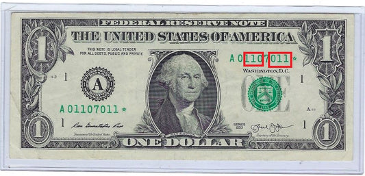 US$1 FRN Star note Boston 1A Fancy SN Radar 01107011 VF. V32