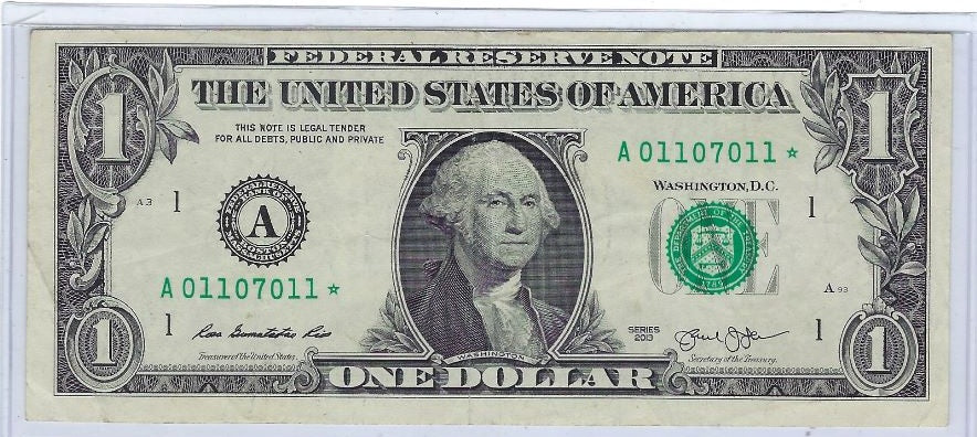 US$1 FRN Star note Boston 1A Fancy SN Radar 01107011 VF. V32