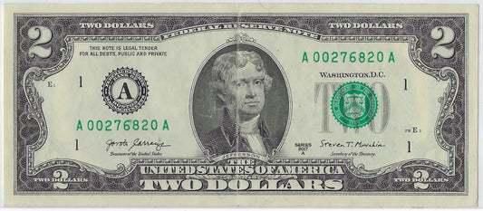 US$2 FRN Boston 1A Fancy SN Date Single Bokends 0-------0 VF.FN26