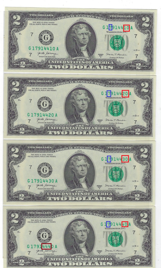 US$2 FRN Chicago 7G x 4 Round Consecutive SN 10,20,30,40,and one Trio 444 + Lucky SN7 UNC . FN45