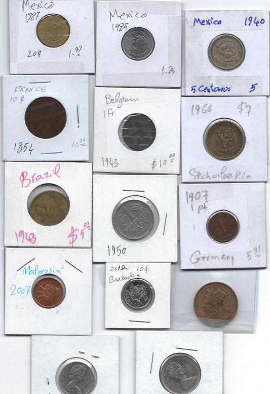 Clearance 14 Different Coins Germany , Mexico , France , Belgium Canada & More.CB1R2