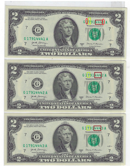 US$2 FRN Chicago 7G x 3 Consecutive SN and all Trio 444 + Lucky SN7 + 1 Bookends 1-----1 UNC.FN41