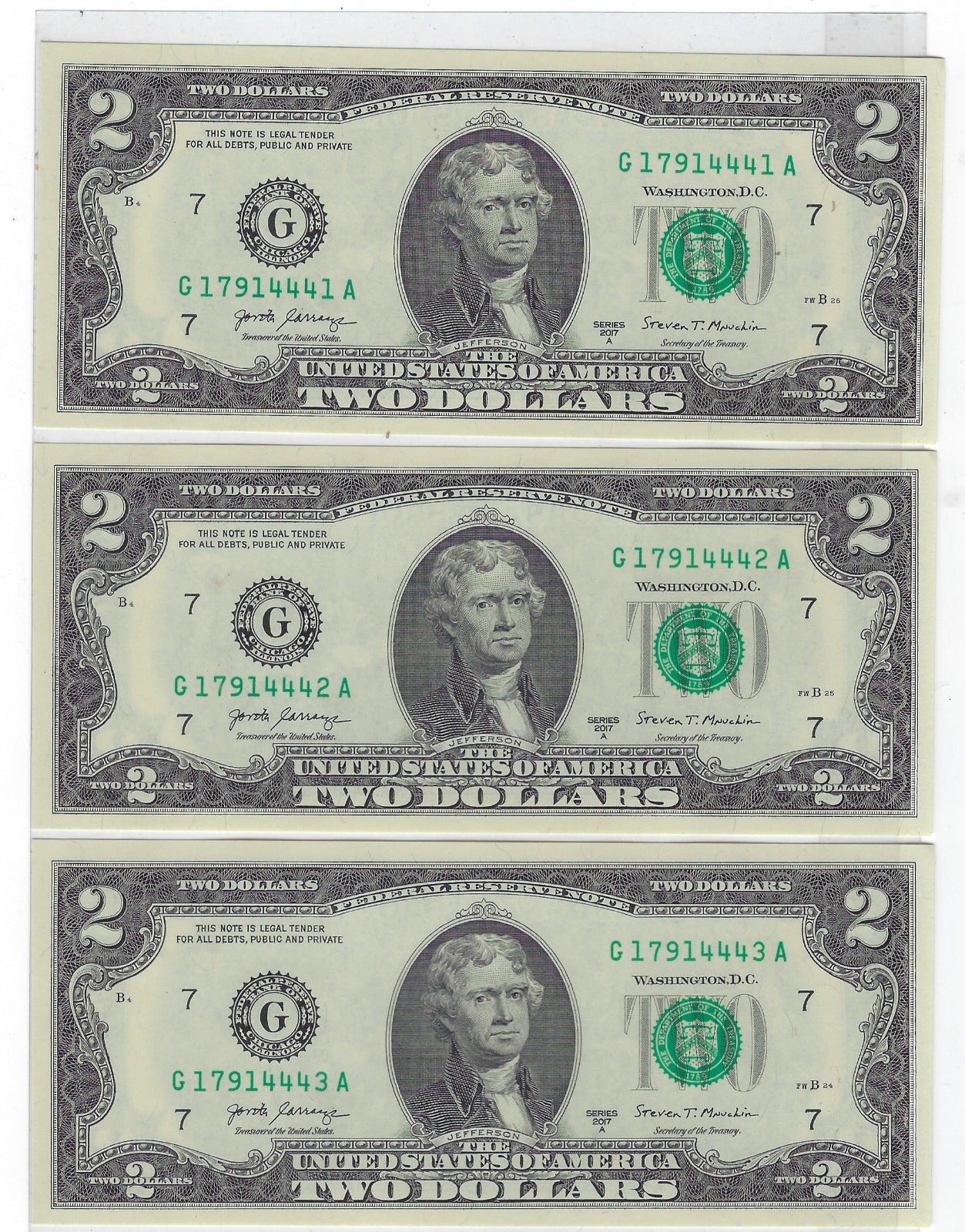 US$2 FRN Chicago 7G x 3 Consecutive SN and all Trio 444 + Lucky SN7 + 1 Bookends 1-----1 UNC.FN41