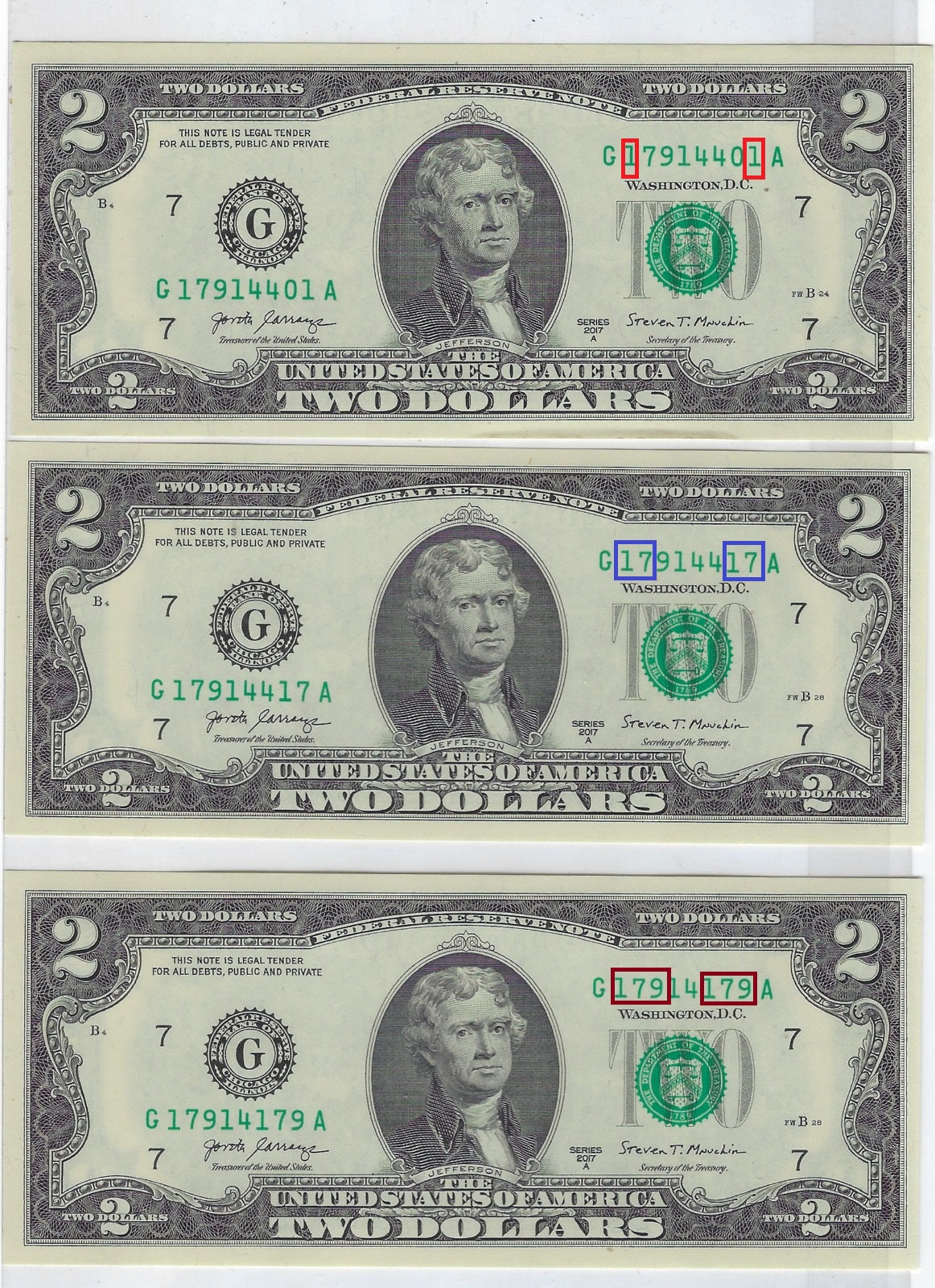 US$2 FRN Chicago 7G x All 3 types Of Fancy SN Bookends Single, Double & Triple 1----1, 17---17, 179--179 + Lucky SN7 UNC.FN44