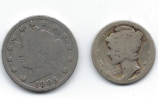 USA Clearance Early 1900 Silver Dime & 1905 Nickle.CB3S