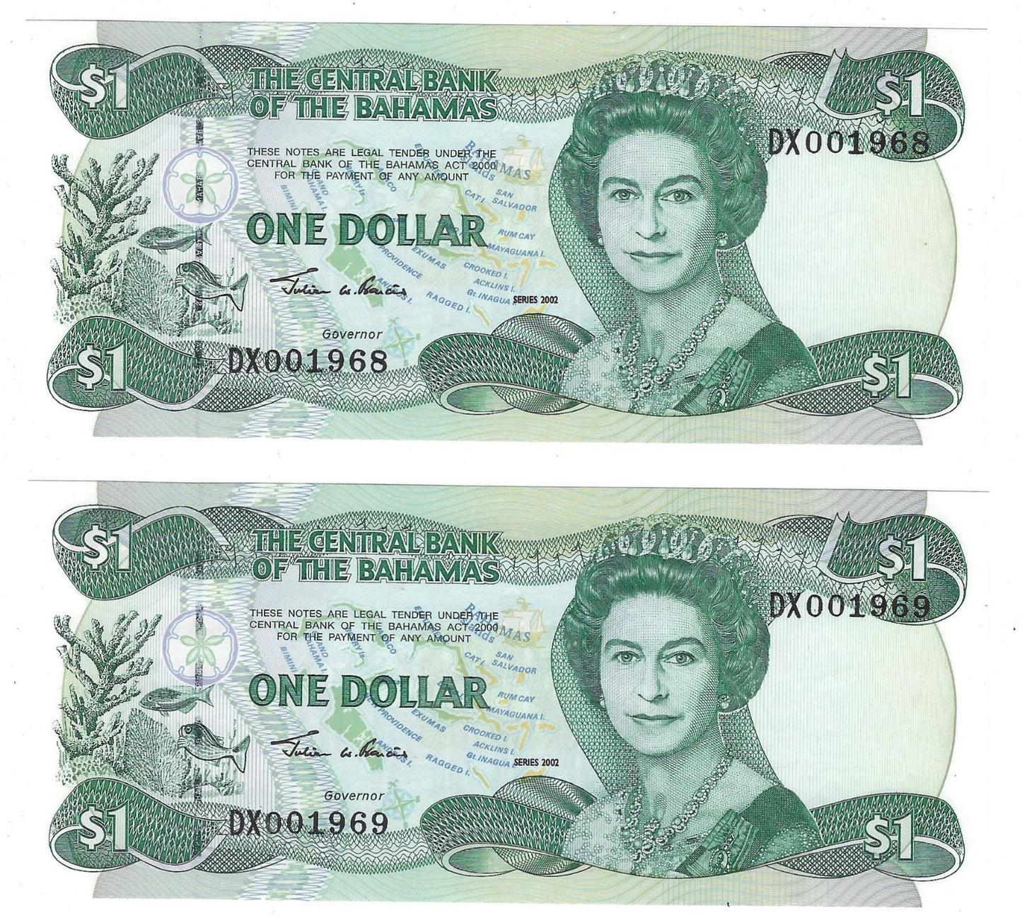 Bahamas, 1 dollar, 2002, P-70, QEII, UNC X 2 Consecutive Fancy SN DATES 1968 , 69 Worth $90.FNB2
