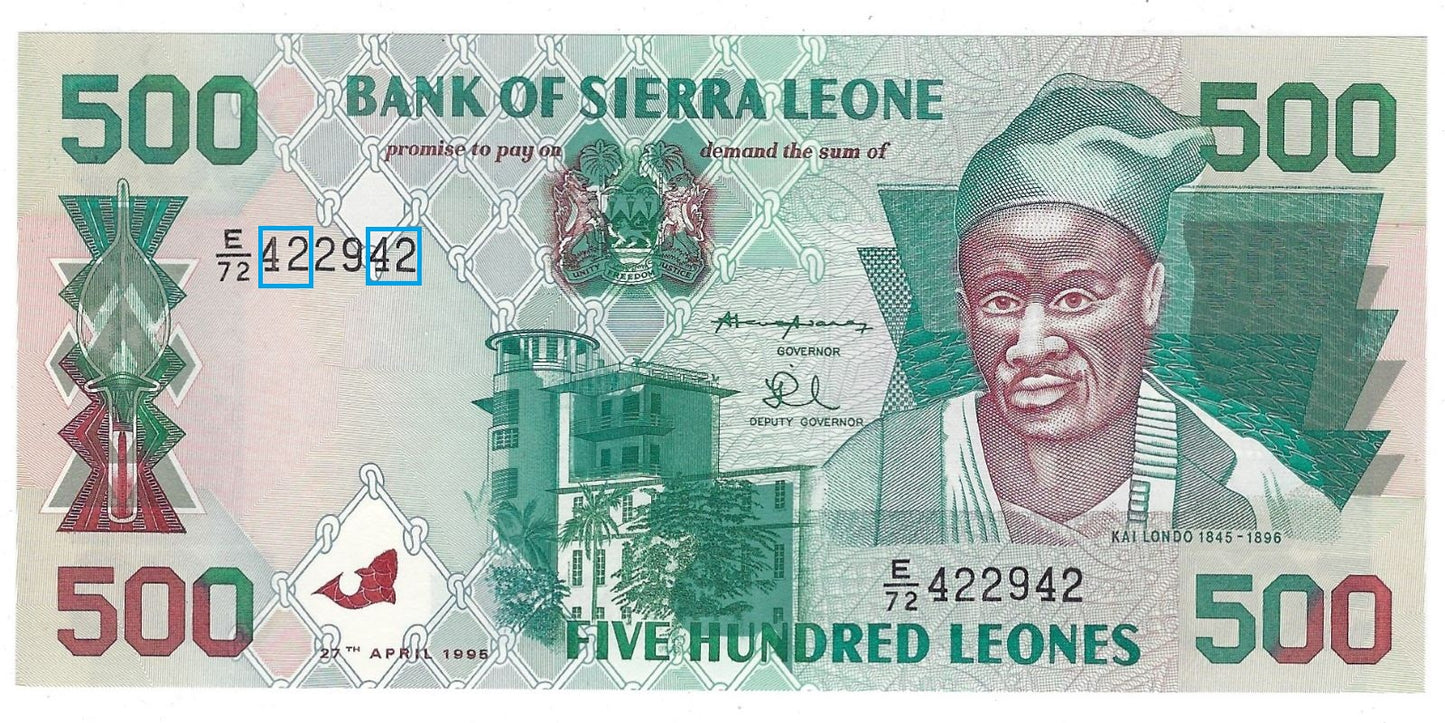 Sierra Leone p-23b UNC 500 Leones 1998 Fancy SN  Bookends Double Digits 42 29 42   worth $70 . FNS2