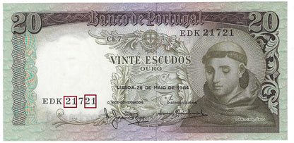 Portugal 20 Escudos High Grade  28.5.1964 ,Fancy SN  Bookends Double Digits  21 7 21 worth $ 60 .FNP1