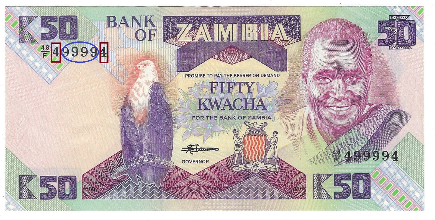 Zambia 50 Kwacha 1980s  aUNC Fancy SN  499994 Book ends Single , Radar & Quad  Worth $ 90.FNZ1
