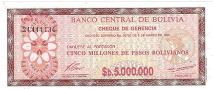 1985 BOLIVIA 5 MILLIONS PESOS BOLIVIANOS NOTE - p193,Fancy SN Quad 4444 AUNC.FNB4