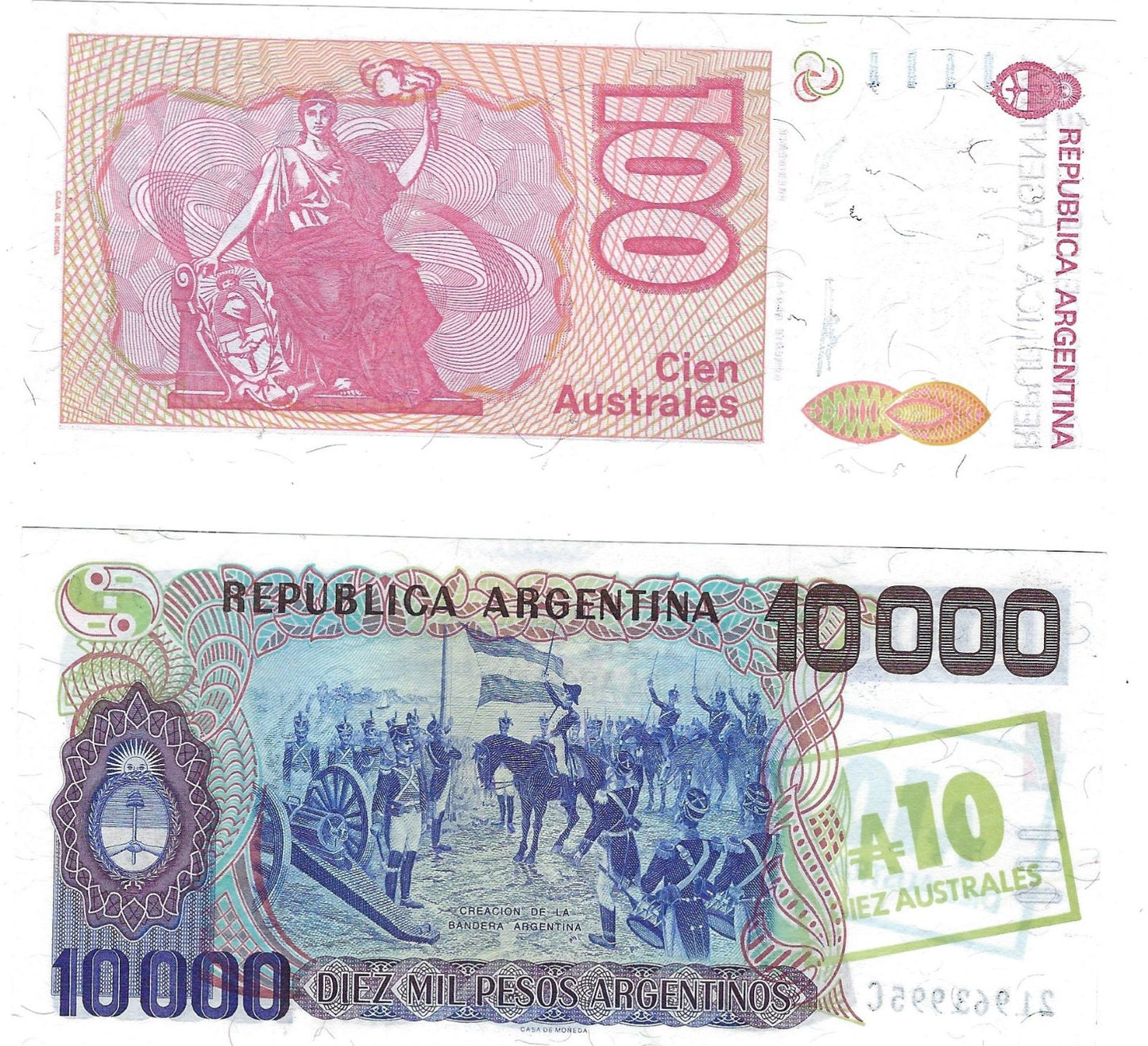 ARGENTINA 10 Australes on 10,000 Pesos Argentinos &100 AUSTRALES UNC MINT OLD BANKNOTE Including Lucky 8 .A1A
