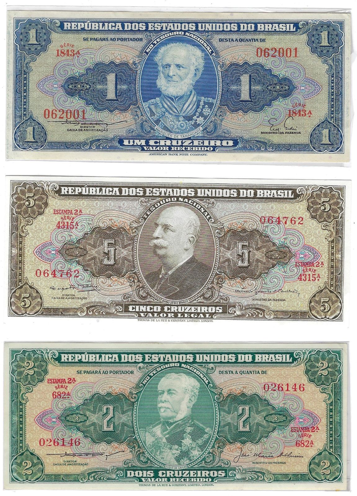 Brasil 1 ,2 &5 Cruzeiro Old Notes in High Grade aUNC. B1D