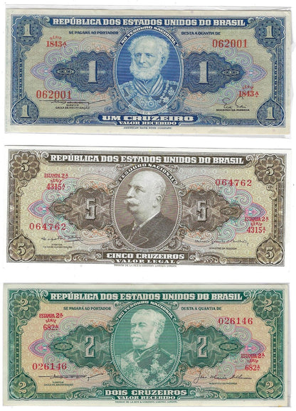 Brasil 1 ,2 &5 Cruzeiro Old Notes in High Grade aUNC. B1D