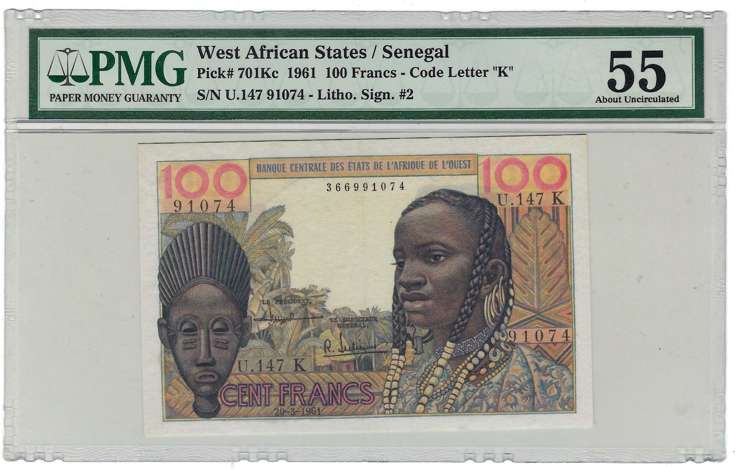 West African States-Senegal P.701Kc-100 Francs 20.3.1961 Sign. #2 LITHO PMG55 .S1A