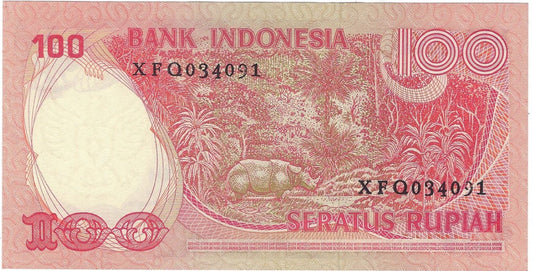 INDONESIA 100 RUPIAH Rhinoceros 1977 , REPLACEMENT Mehilba RL9 ,P# 116, Prefix X--, aUNC .RI2