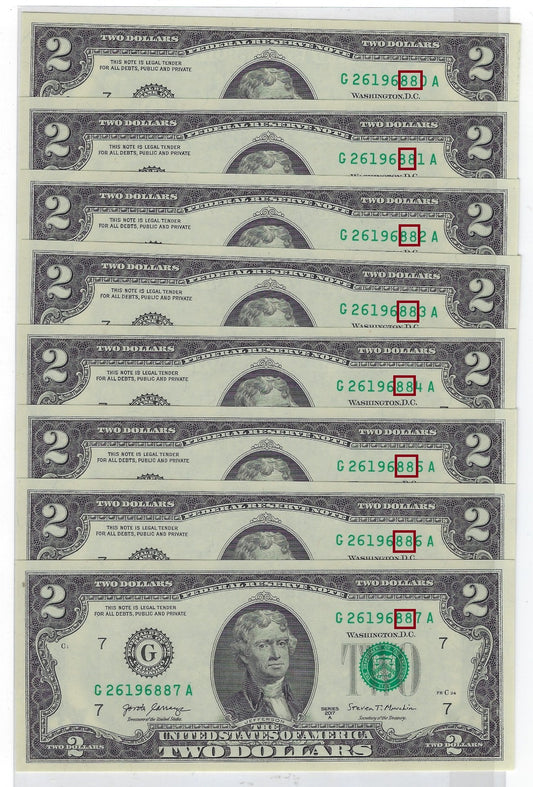 US$2 FRN Chicago 7G Fancy SN x8 Consecutive SN all Have Lucky SN 88  UNC .FNB4