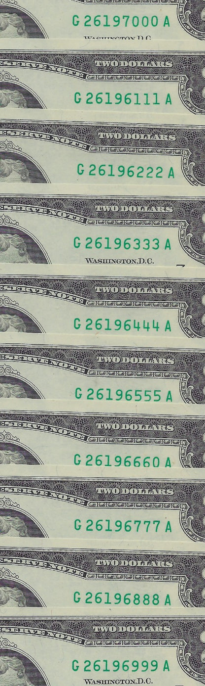 US$2 x10 FRN Chicago 7G Fancy SN All Trio 111 to 000 including LUCKY N 777&888 UNC.FNB1