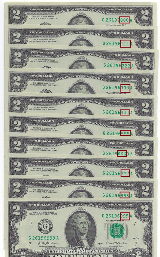 US$2 x10 FRN Chicago 7G Fancy SN All Trio 111 to 000 including LUCKY N 777&888 UNC.FNB1