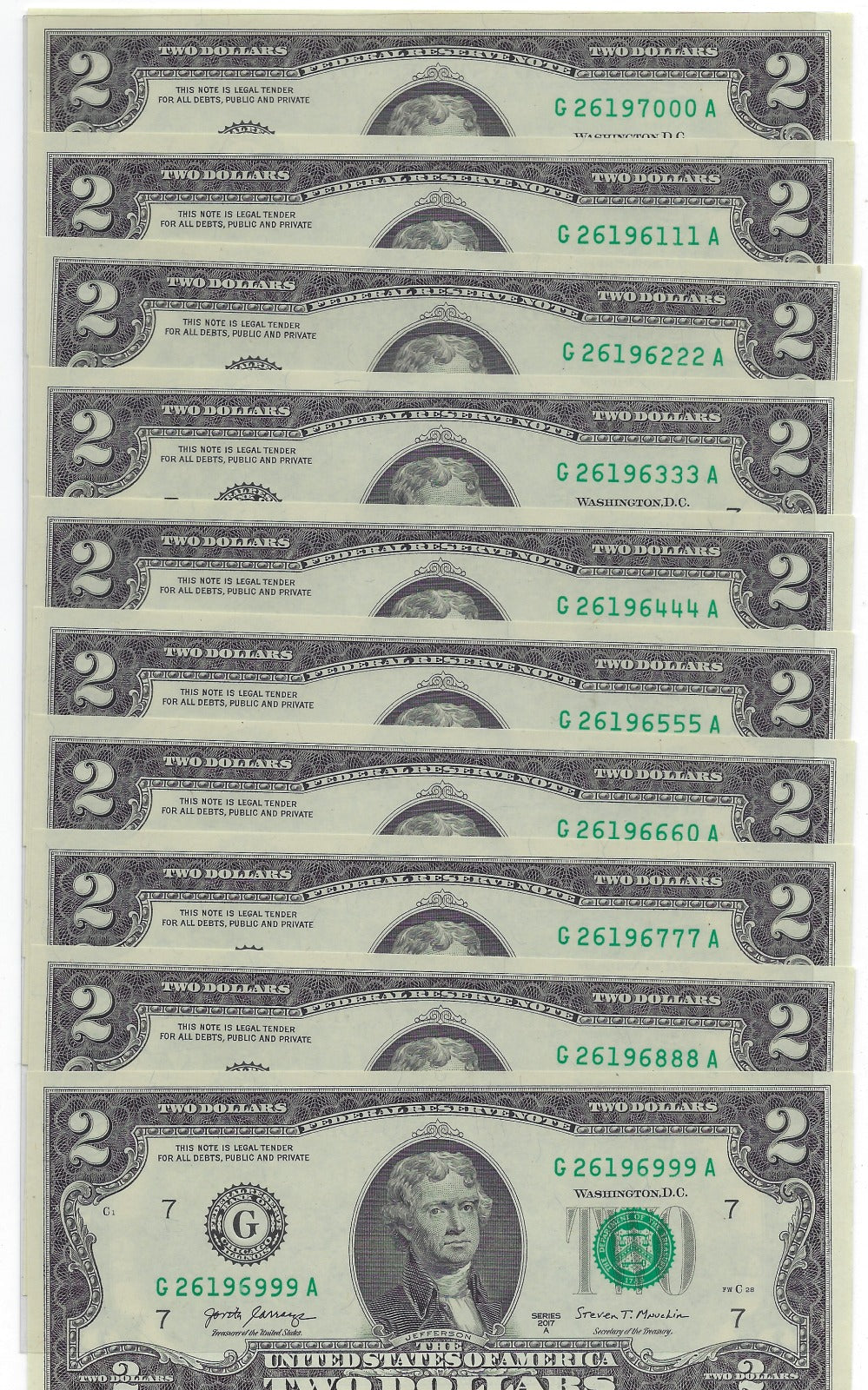 US$2 x10 FRN Chicago 7G Fancy SN All Trio 111 to 000 including LUCKY N 777&888 UNC.FNB1