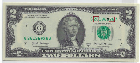 US$2 FRN Chicago 7G Fancy SN Double Bookends 26----26 UNC .FNB2