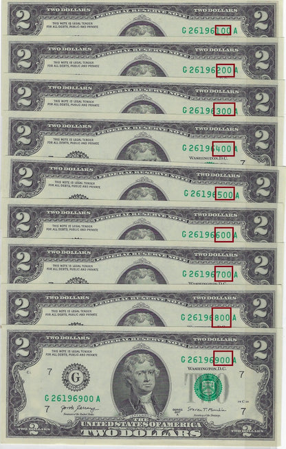 US$2 x9 FRN Chicago 7G Fancy SN Consecutive ROUND & Dates 2 6 1961 ,2,3 up to 69 UNC.FNB3