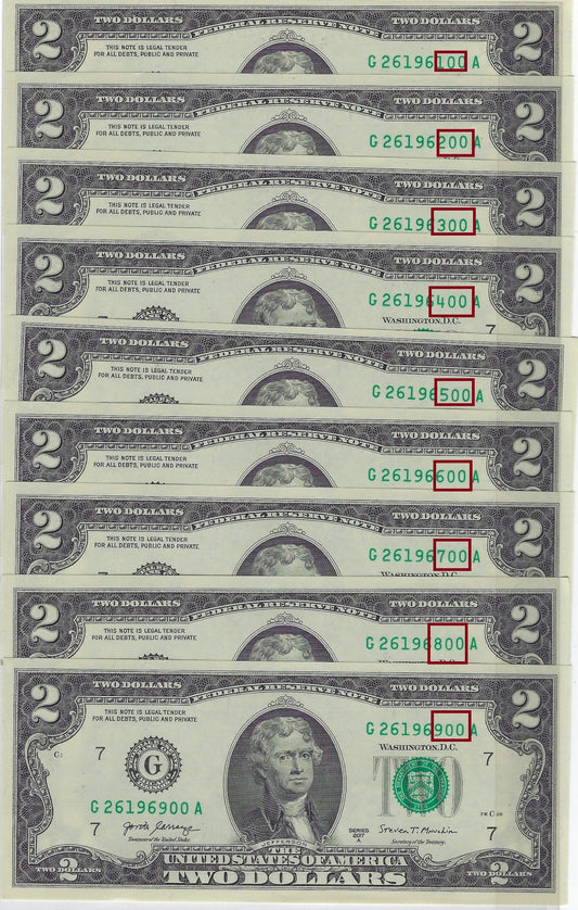 US$2 x9 FRN Chicago 7G Fancy SN Consecutive ROUND & Dates 2 6 1961 ,2,3 up to 69 UNC.FNB3