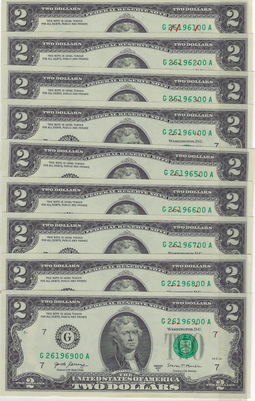 US$2 x9 FRN Chicago 7G Fancy SN Consecutive ROUND & Dates 2 6 1961 ,2,3 up to 69 UNC.FNB3