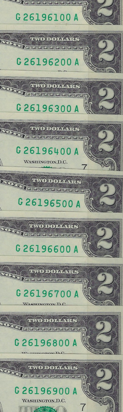 US$2 x9 FRN Chicago 7G Fancy SN Consecutive ROUND & Dates 2 6 1961 ,2,3 up to 69 UNC.FNB3