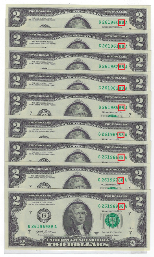 US$2 x9 FRN Chicago 7G Fancy SN - Identical Last 2 Digits - Lucky 88 UNC.FNB13