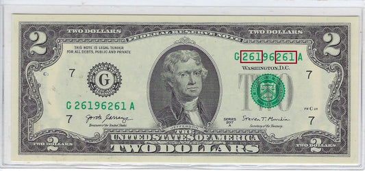 US$2 FRN Chicago 7G, Fancy SN Bookends 3 digits 261 96 261 UNC.FN29?