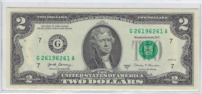 US$2 FRN Chicago 7G, Fancy SN Bookends 3 digits 261 96 261 UNC.FN29?
