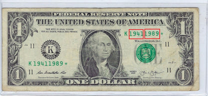US$1 FRN Star Note 11K Dallas , Fancy SN Date 1941 1989 ) VF.FN32?