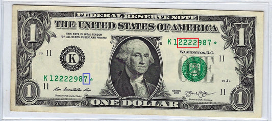 US$1 FRN Star Note 11K Dallas,Fancy SN Quad 2222 & Lucky 7 VF.FN34?