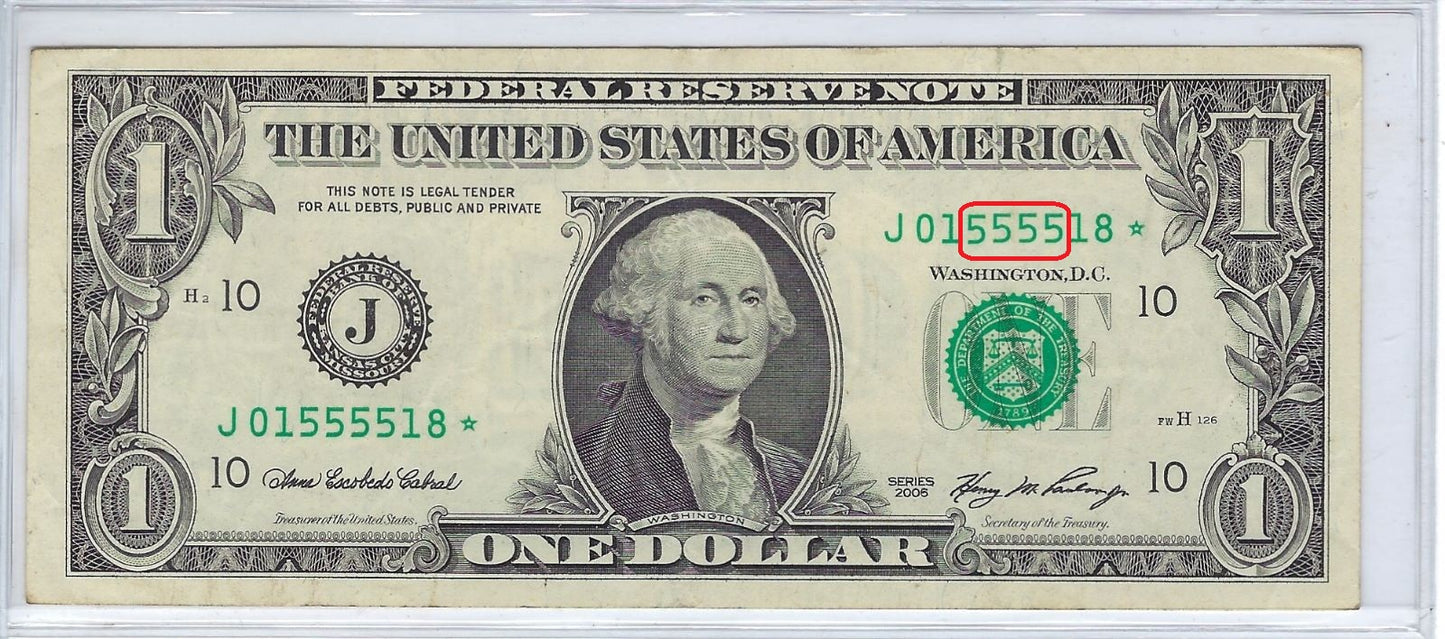 US$1 FRN Star note 10 J Kansas City Fancy SN Quad 5555 VF.FN37?