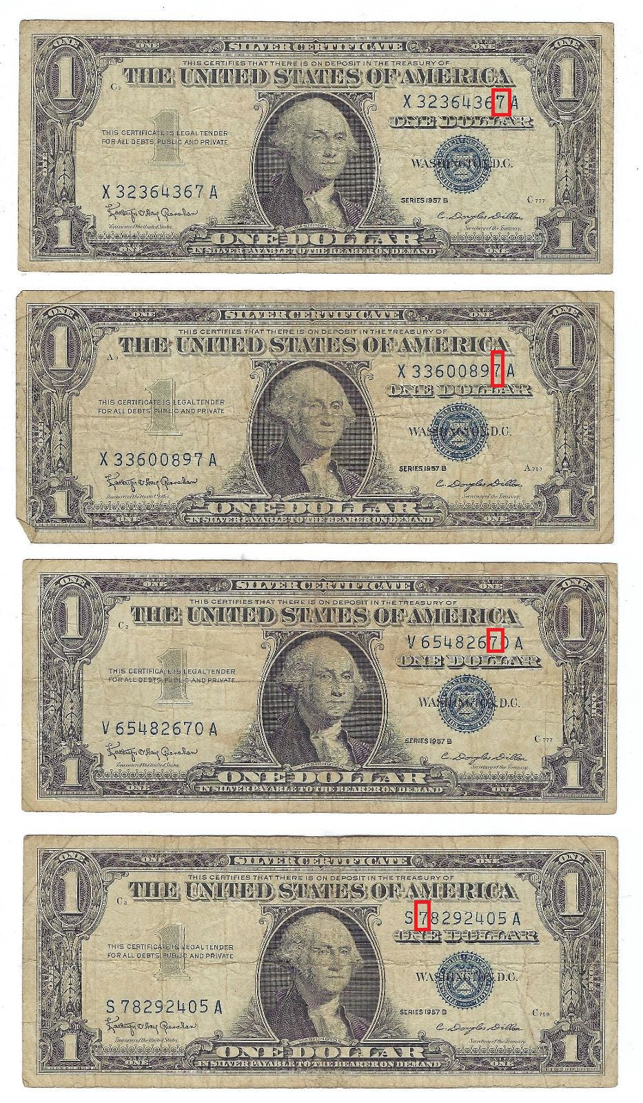 US$1 Silver Certificate Series 1957B x 4 Notes Lucky 7 Fine.FN39?