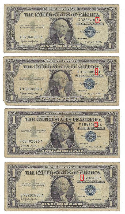 US$1 Silver Certificate Series 1957B x 4 Notes Lucky 7 Fine.FN39?