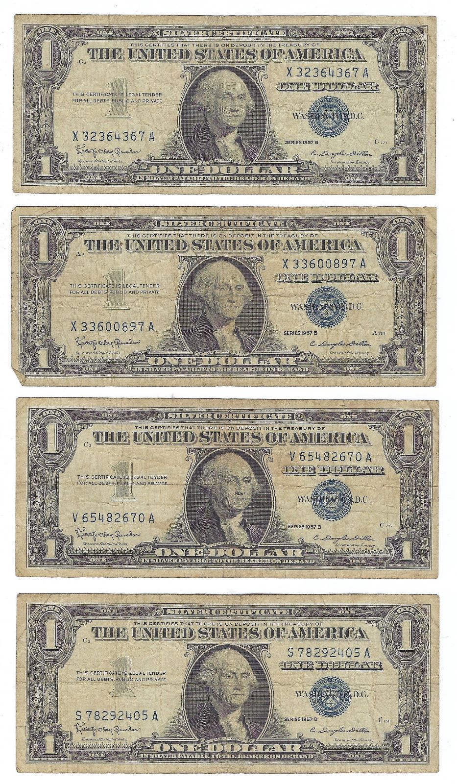 US$1 Silver Certificate Series 1957B x 4 Notes Lucky 7 Fine.FN39?