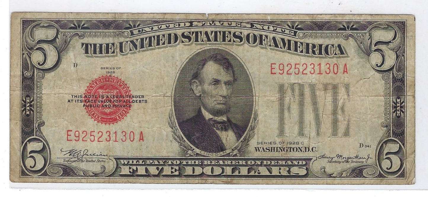 1928 C $5 Red Seal Bill ERROR Miscut Misaligned Fine .FN42?