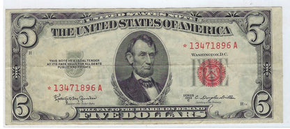 Star Note 1953C $5 Red Seal Bill ERROR Miscut Misaligned VF Worth $150+++.FN44?