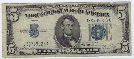 Silver Certificate $5 1934D Fine SN 36799026.FN45?