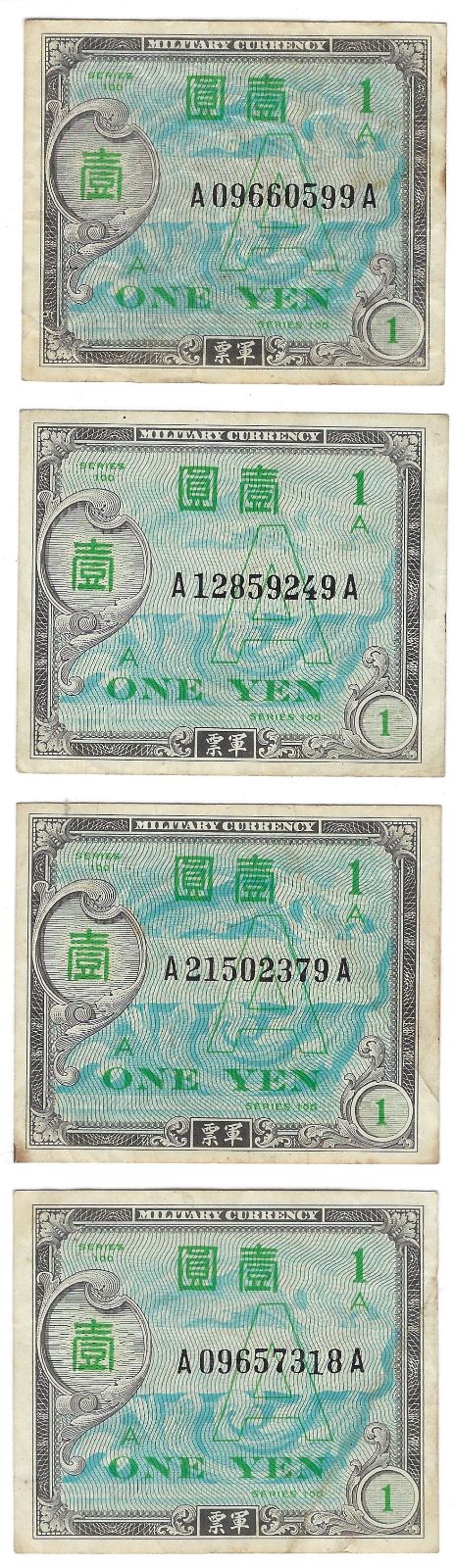 JAPAN - WWII Allied Military Currency 1 Yen x 4 Notes ("A" ) 1945, P-66, Fine-VF. J1a3