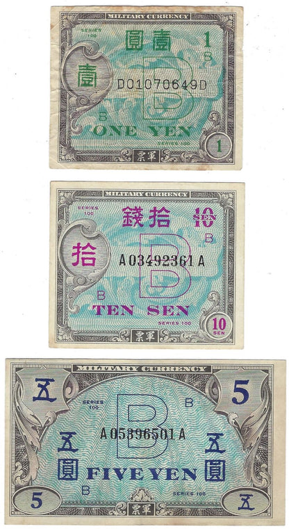Japan 1944 10 Sen ,1&5 Yen Military Currency Crisp 3 Notes,Worth$30 .