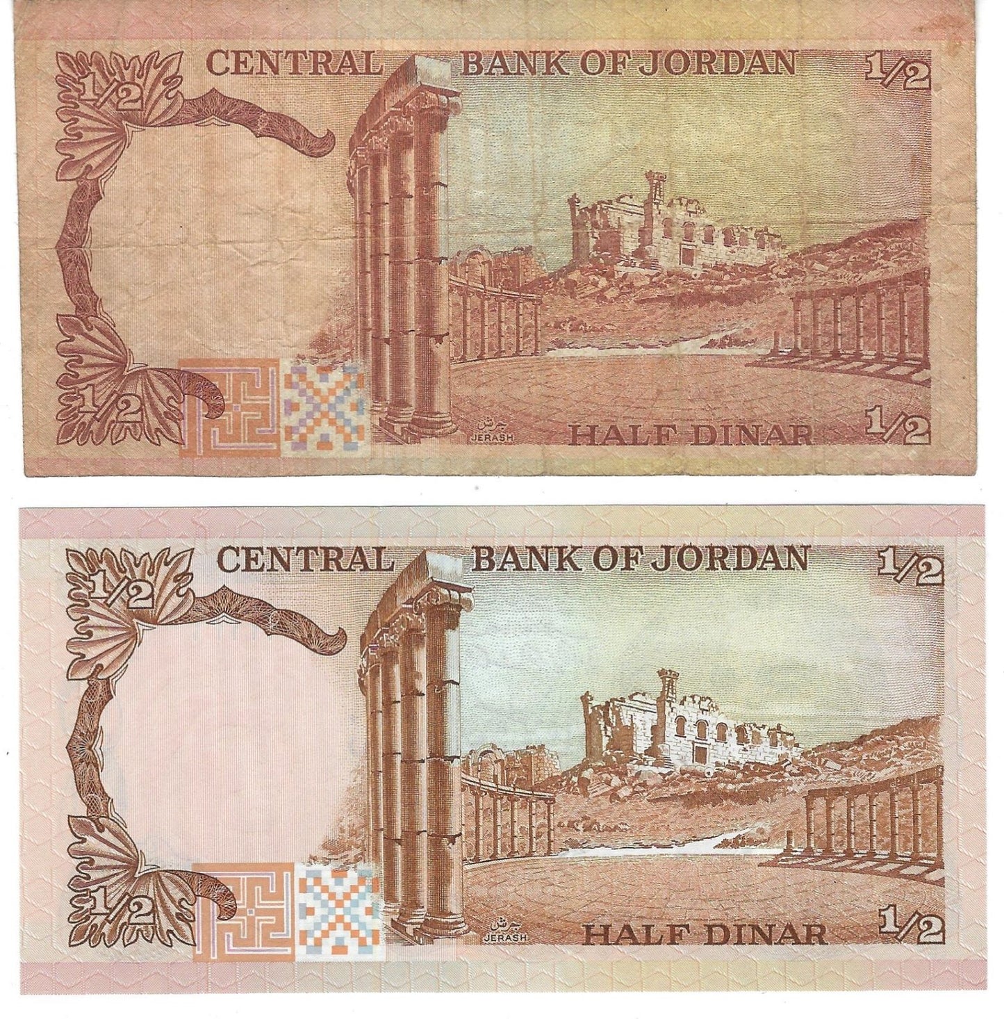 1975-1992 JORDAN HALF 1/2 DINAR P17 x2 Different SIGNATURES,aVF&UNC ,Worth$60 .JO1E