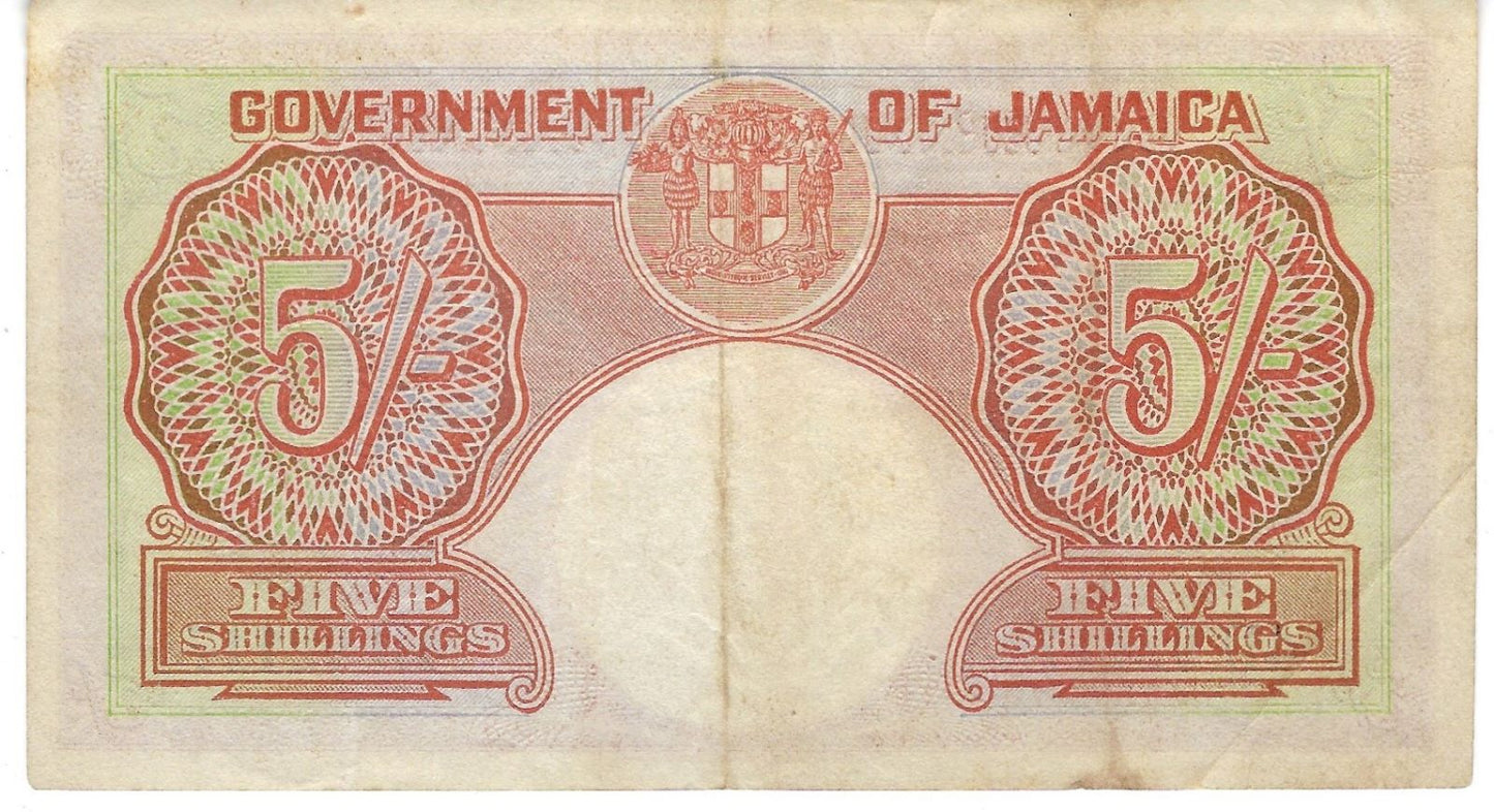 JAMAICA Banknote P37a , 15.6.1950 , 5 Shillings King George VI, VF+,Worth $190. JA1a