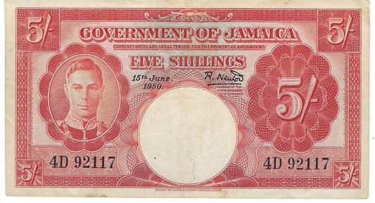 JAMAICA Banknote P37a , 15.6.1950 , 5 Shillings King George VI, VF+,Worth $190. JA1a