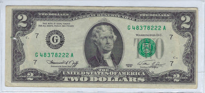 US$2 FRN Fancy SN TRIO 222 Rare date 1976 Chicago 7G Fine as it has PH . FN55