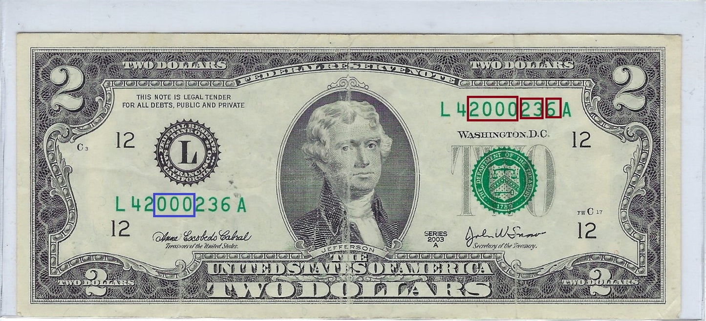 US$2 FRN Fancy SN TRIO 000, may read Birthday 2000 23 6 San Francisco 12L VFine .FN56