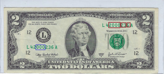 US$2 FRN Fancy SN TRIO 000, may read Birthday 2000 23 6 San Francisco 12L VFine .FN56