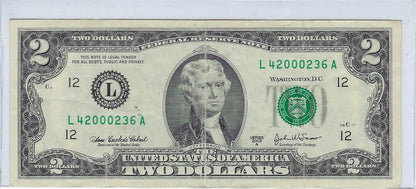 US$2 FRN Fancy SN TRIO 000, may read Birthday 2000 23 6 San Francisco 12L VFine .FN56